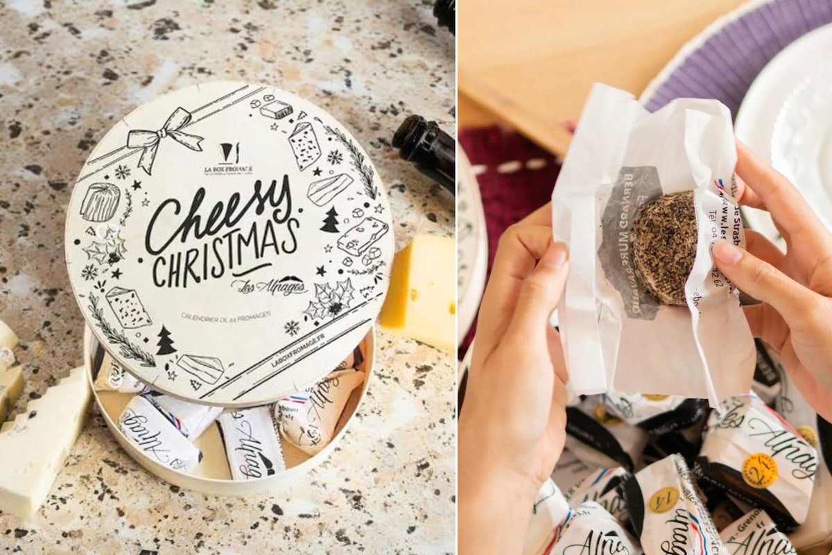Calendrier de l'Avent Cheesy Christmas 2026 de La Box Fromage, avec sa boîte ronde et ses portions de fromage emballées.