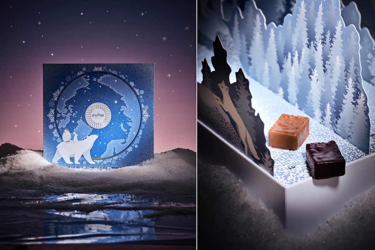 Calendrier de l'Avent Lenôtre 2026 avec son décor polaire bleu, ses ours blancs et ses chocolats au lait et noir.