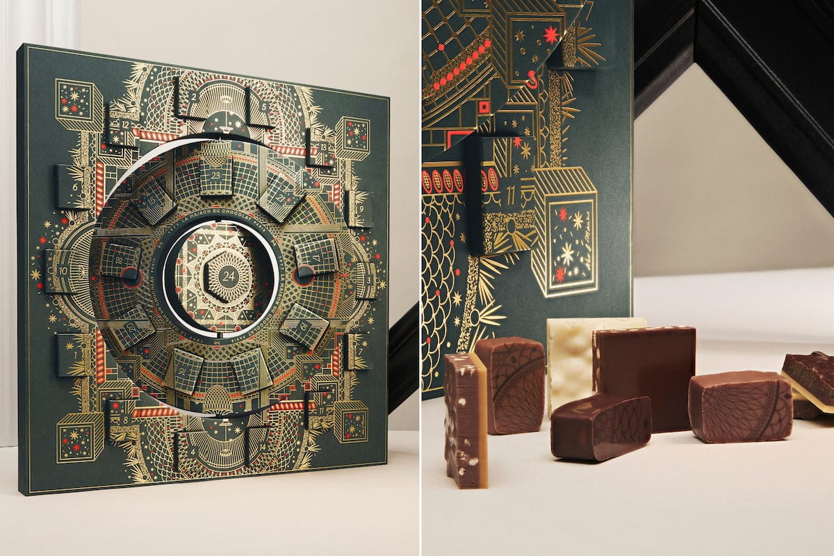 Calendrier de l'Avent Vertiges 2026 de La Maison du Chocolat, avec son décor géométrique et ses assortiments de chocolats.