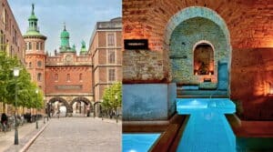Rue pavée de Carlsberg Byen à Copenhague avec l'ancienne architecture de la brasserie à gauche, et bassin aux voûtes de briques des bains AIRE Ancient Baths à droite