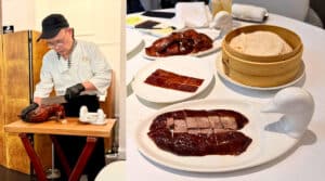 Découpe du canard laqué pékinois devant les convives et présentation de sa peau croustillante, de sa viande et des crêpes chez Imperial Treasure à Paris.