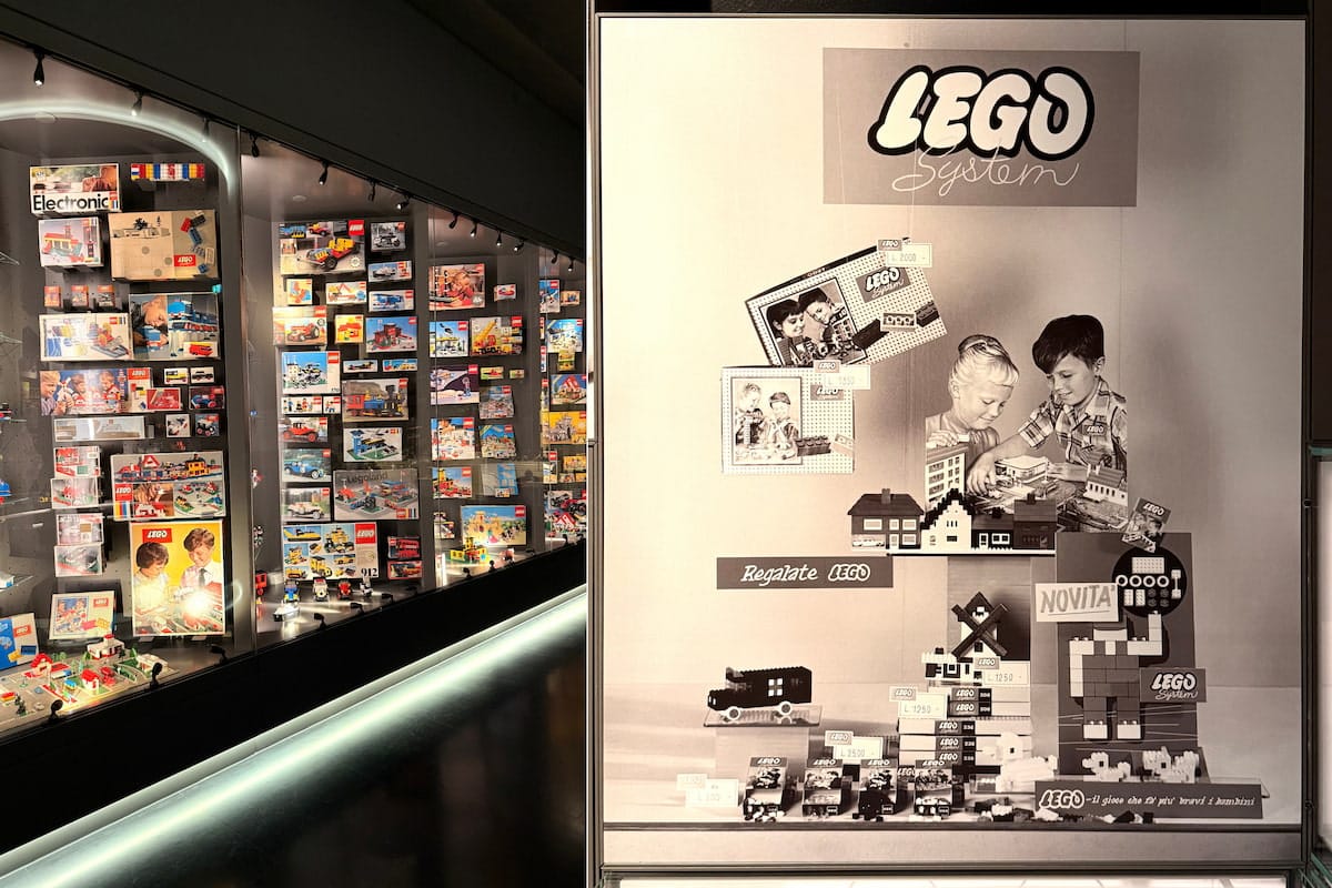 Anciennes boîtes de jeux LEGO et photographies historiques présentées dans la collection de LEGO House.