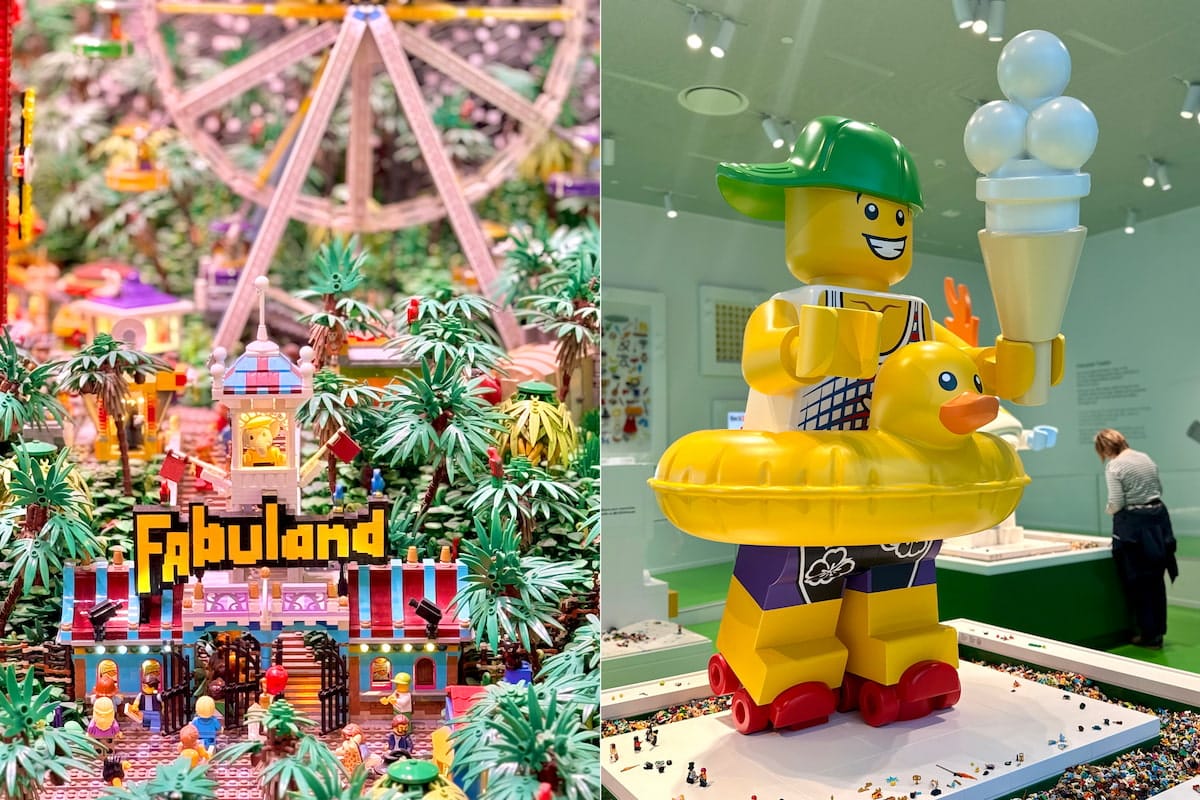 Diorama Fabuland et grande minifigurine LEGO avec une bouée jaune exposés à LEGO House.