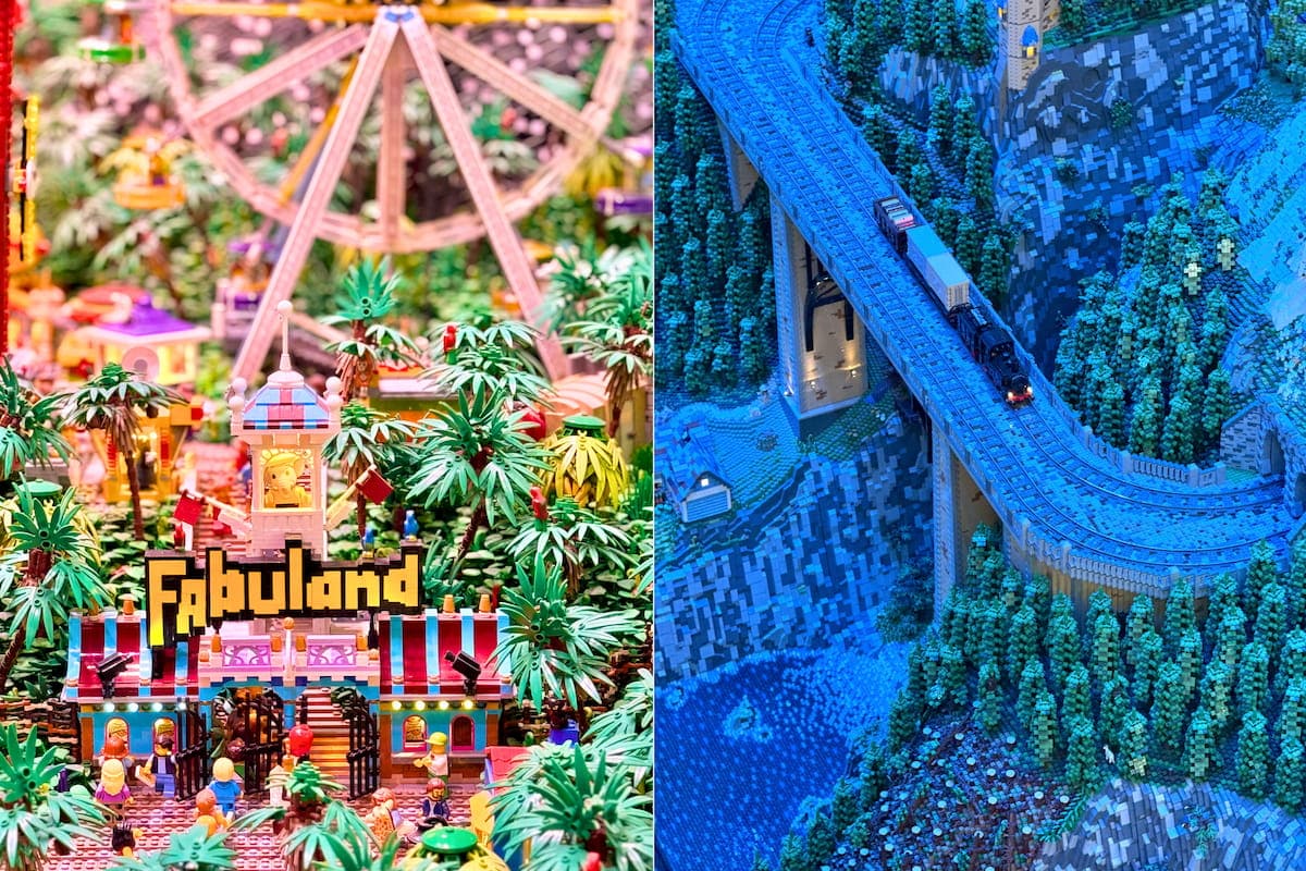 Deux dioramas LEGO de World Explorer, un décor tropical Fabuland et un train circulant dans les montagnes de nuit.