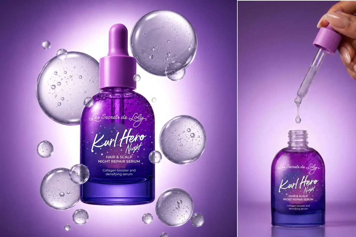 Flacon du sérum Kurl Hero Night Repair des Secrets de Loly avec pipette et texture du soin