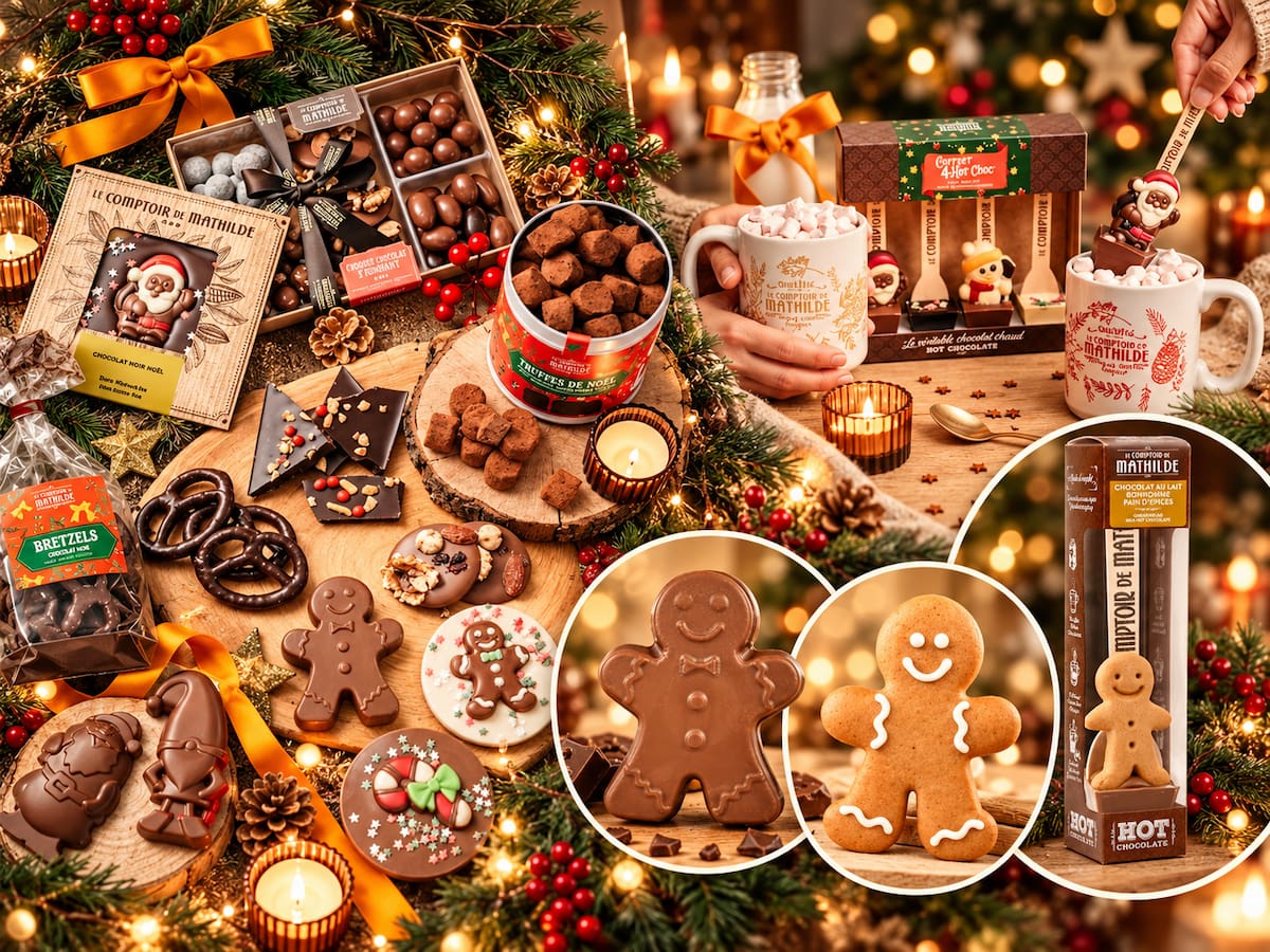 Sélection de cadeaux Secret Santa du Comptoir de Mathilde avec chocolats de Noël, bonhommes pain d’épices et chocolats chauds gourmands.