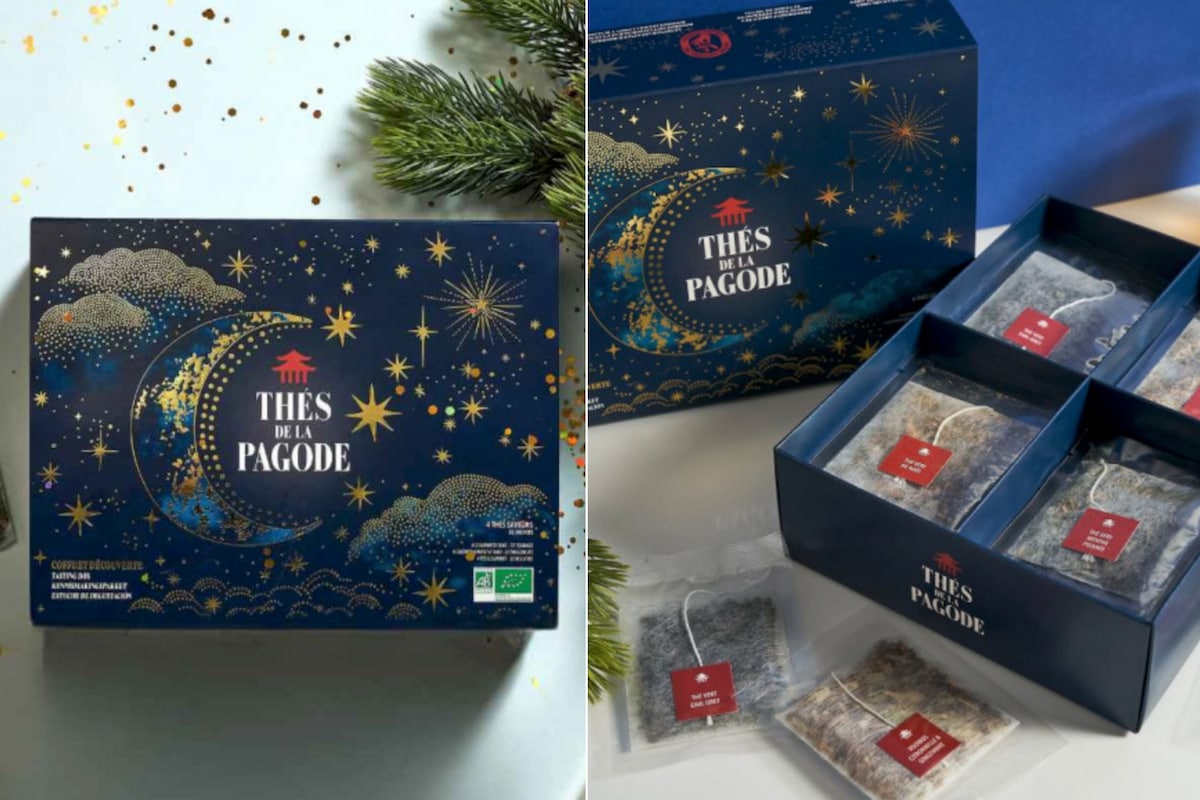 Coffret découverte de Noël Évasion Céleste des Thés de la Pagode, avec ses infusettes et son écrin bleu nuit décoré d'étoiles dorées.
