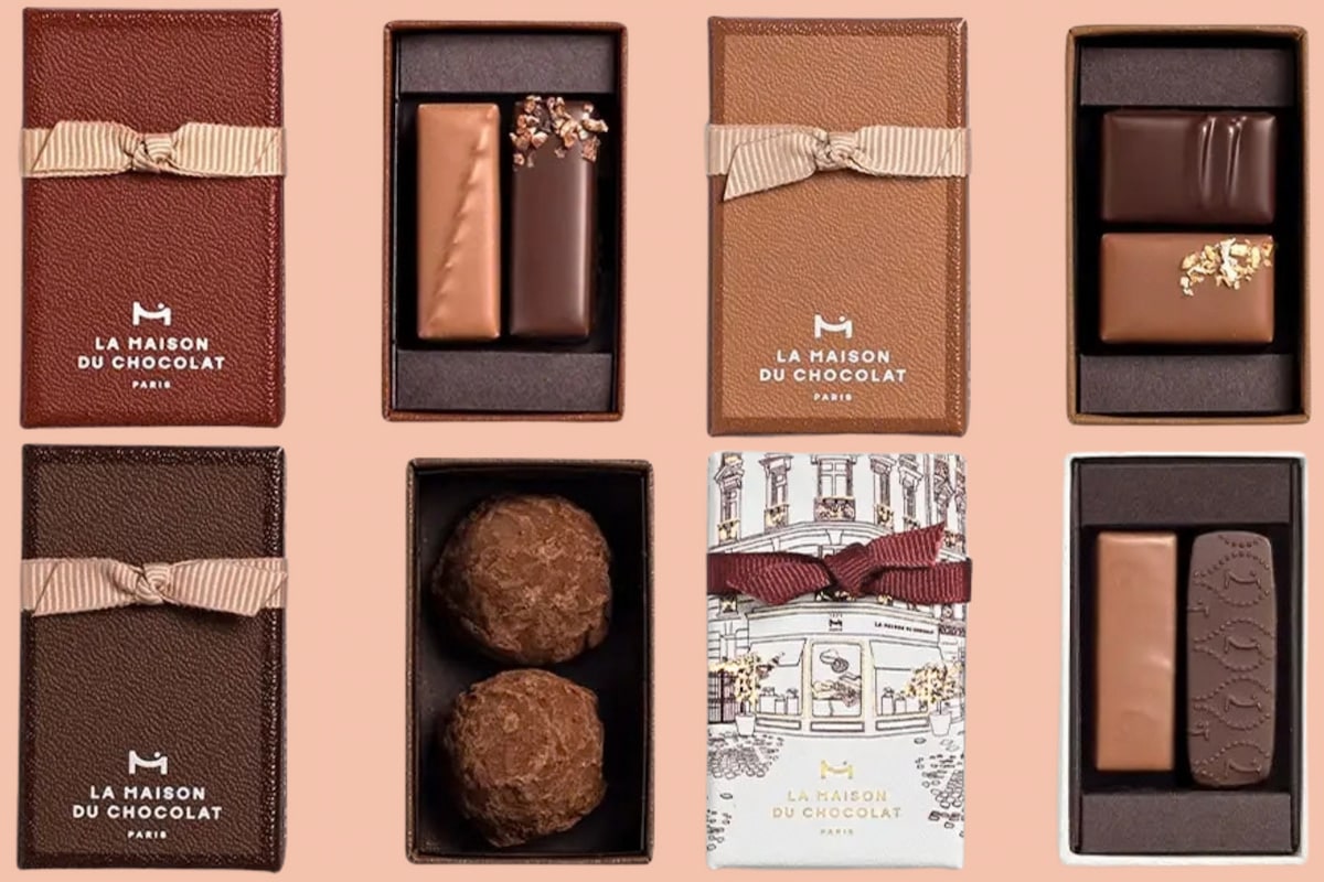 Quatre mini-coffrets de La Maison du Chocolat avec ganaches, pralinés et truffes, idées de cadeaux Secret Santa à moins de 10 €.