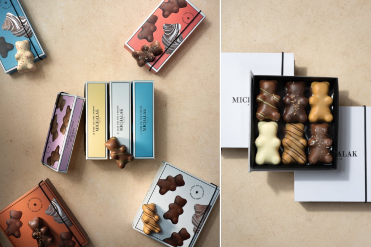 Coffrets colorés et assortiment d'oursons en guimauve enrobés de chocolat de Christophe Michalak, une idée de cadeau Secret Santa gourmand.